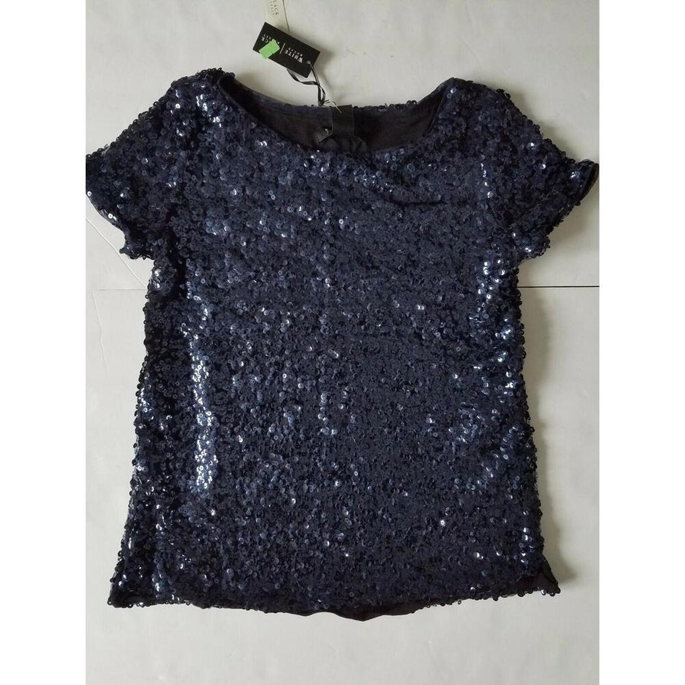 White House Black Market Blue Sequin Top Short Sleeve Knit Boxy Shirt XXS